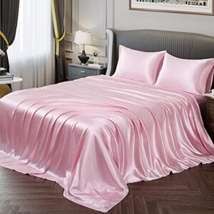 Vonty Satin Sheets Twin Silky Soft Satin Bed Sheets Pink Satin Sheet Set, 1 Deep Pocket Fitted Sheet + 1 Flat Sheet + 1 Pillowcases