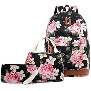abshoo floral backpacks for girls canvas school bookbags teen girls backpacks with lunch bag (floral black)