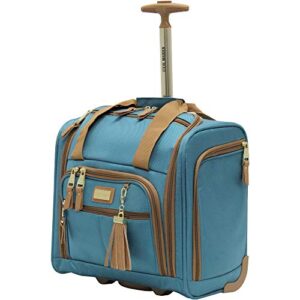 steve madden designer 15 inch carry on suitcase- small weekender overnight business travel luggage- lightweight 2- rolling spinner wheels under seat bag for women (harlo teal blue)