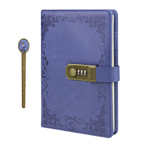 A5 PU Digital Password Notebook Leather Locking Journal Combination Lock Diary Retro Travel Lined Binder Notepad Hardcover Executive Notebooks Personal Organizer with Pen Loop 3 Card Slots 100 Sheet