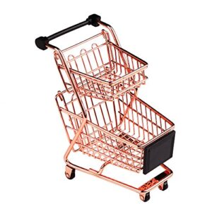 wowagoga mini metal shopping cart supermarket handcart trolley, table office novelty decoration, creative storage tools (rose gold, double-deck)