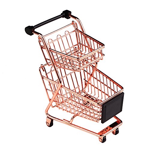 Wowagoga Mini Metal Shopping Cart Supermarket Handcart Trolley, Table Office Novelty Decoration, Creative Storage Tools (Rose Gold, Double-Deck)