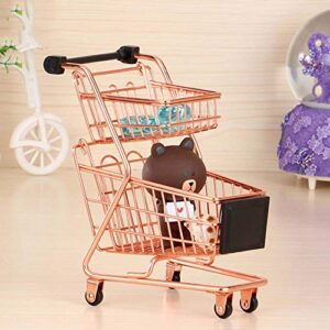 Wowagoga Mini Metal Shopping Cart Supermarket Handcart Trolley, Table Office Novelty Decoration, Creative Storage Tools (Rose Gold, Double-Deck)