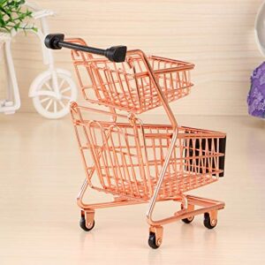 Wowagoga Mini Metal Shopping Cart Supermarket Handcart Trolley, Table Office Novelty Decoration, Creative Storage Tools (Rose Gold, Double-Deck)