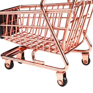 Wowagoga Mini Metal Shopping Cart Supermarket Handcart Trolley, Table Office Novelty Decoration, Creative Storage Tools (Rose Gold, Double-Deck)