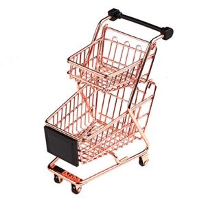 Wowagoga Mini Metal Shopping Cart Supermarket Handcart Trolley, Table Office Novelty Decoration, Creative Storage Tools (Rose Gold, Double-Deck)