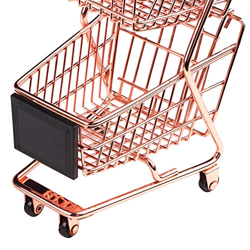 Wowagoga Mini Metal Shopping Cart Supermarket Handcart Trolley, Table Office Novelty Decoration, Creative Storage Tools (Rose Gold, Double-Deck)