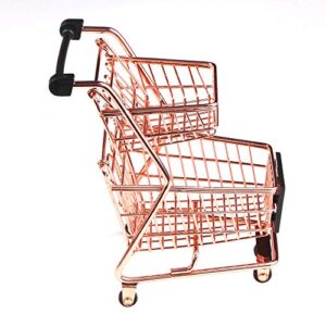 Wowagoga Mini Metal Shopping Cart Supermarket Handcart Trolley, Table Office Novelty Decoration, Creative Storage Tools (Rose Gold, Double-Deck)