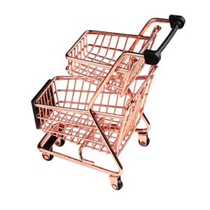 Wowagoga Mini Metal Shopping Cart Supermarket Handcart Trolley, Table Office Novelty Decoration, Creative Storage Tools (Rose Gold, Double-Deck)