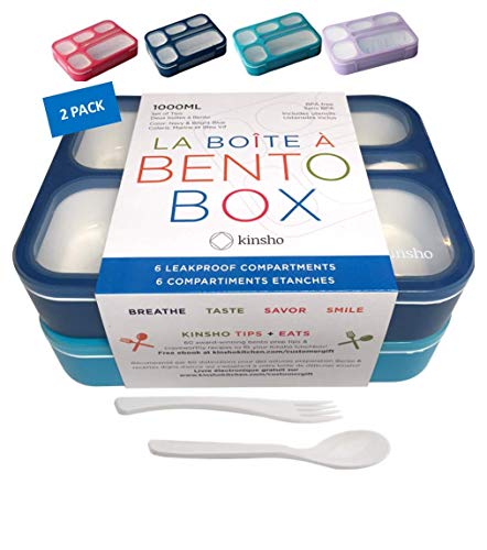 Bento-Box Lunch Boxes for Kids, Boys, Adults. Leakproof Lunch Set, Bentoboxes for School or Work. Portion Containers. BPA Free. 6 Compartments. Fork & Spoon. Blue & Navy Blue Large