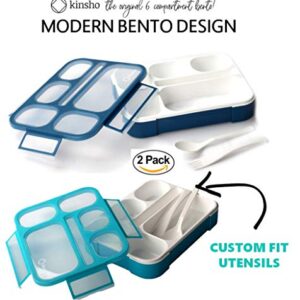 Bento-Box Lunch Boxes for Kids, Boys, Adults. Leakproof Lunch Set, Bentoboxes for School or Work. Portion Containers. BPA Free. 6 Compartments. Fork & Spoon. Blue & Navy Blue Large