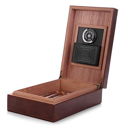 MEGACRA Cedar Cigar Humidor, Leather Cigar Box with Hygrometer and Humidifier Portable Travel Cigar Humidor Holds 10-30 Cigars