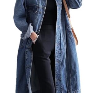 Jofemuho Womens Classic Long Jean Jacket Plus Size Loose Long Sleeve Button Down Denim Jacket Trench Coat Blue 3XL