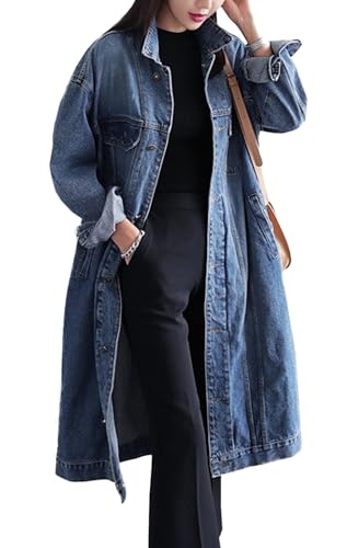 Jofemuho Womens Classic Long Jean Jacket Plus Size Loose Long Sleeve Button Down Denim Jacket Trench Coat Blue 3XL