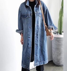 Jofemuho Womens Classic Long Jean Jacket Plus Size Loose Long Sleeve Button Down Denim Jacket Trench Coat Blue 3XL