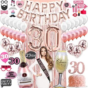 30th birthday decorations for women (75 pk) rose gold dirty 30 birthday decorations for her, party photo backdrop, sash, happy birthday banner, cake topper, balloon, 30th birthday gifts for her girls