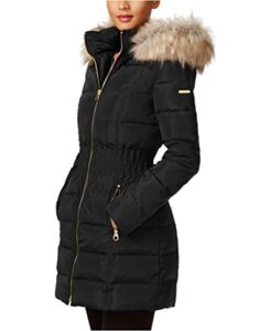 laundry by shelli segal women's cinched waist puffer coat with faux fur hood, black, large