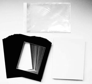 studio 500 pack of 25 black pre-cut 11x14 picture mats for 8x10 photos with white core bevel cut mattes sets 4ply. includes 25 top of the line acid-free mats, 25 backing board, 25 clear bags