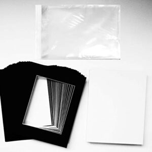 Studio 500 Pack of 25 Black Pre-Cut 11x14 Picture Mats for 8x10 Photos with White Core Bevel Cut Mattes Sets 4ply. Includes 25 Top of the Line Acid-Free Mats, 25 Backing Board, 25 Clear Bags