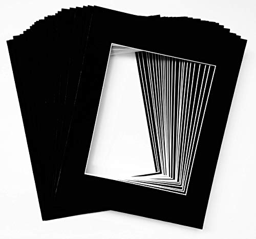 Studio 500 Pack of 25 Black Pre-Cut 11x14 Picture Mats for 8x10 Photos with White Core Bevel Cut Mattes Sets 4ply. Includes 25 Top of the Line Acid-Free Mats, 25 Backing Board, 25 Clear Bags