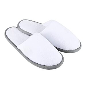 spa slippers, (white, 6 pairs)closed toe large size disposable indoor hotel slippers, fluffy coral fleece, padded sole for comfort- for guests, hotel, travel, fits up to us men size 9 & women size 10