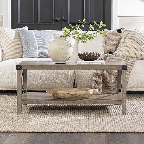 Walker Edison Sedalia Modern Farmhouse Metal X Coffee Table, 40 Inch, Grey Wash