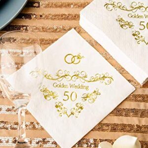 Crisky 50th Wedding Anniversaray Napkins Golden Cocktail Beverage Napkins, 50th Wedding Anniversary Decorations for Candy Cake Table, 50 Pcs, 3-ply