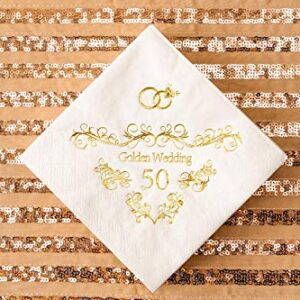 Crisky 50th Wedding Anniversaray Napkins Golden Cocktail Beverage Napkins, 50th Wedding Anniversary Decorations for Candy Cake Table, 50 Pcs, 3-ply