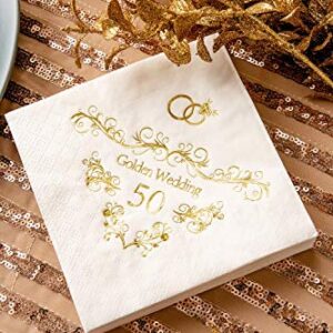 Crisky 50th Wedding Anniversaray Napkins Golden Cocktail Beverage Napkins, 50th Wedding Anniversary Decorations for Candy Cake Table, 50 Pcs, 3-ply