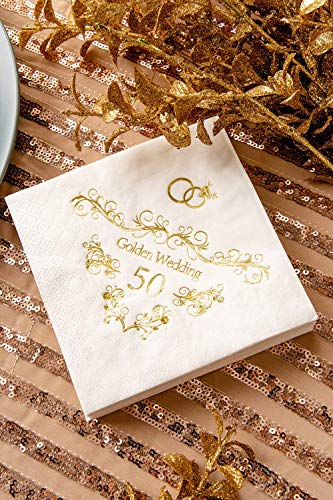 Crisky 50th Wedding Anniversaray Napkins Golden Cocktail Beverage Napkins, 50th Wedding Anniversary Decorations for Candy Cake Table, 50 Pcs, 3-ply