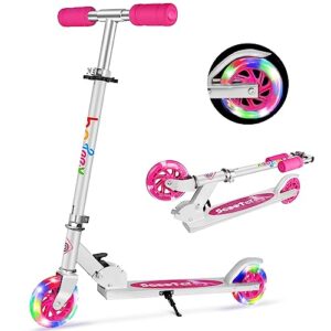 beleev v1 scooters for kids 2 wheel folding kick scooter for girls boys, 3 adjustable height, light up wheels, kickstand for children 3 to 12 years old