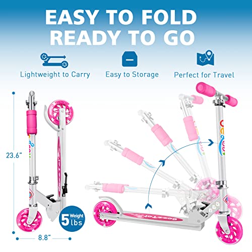 Beleev V1 Scooters for Kids 2 Wheel Folding Kick Scooter for Girls Boys, 3 Adjustable Height, Light Up Wheels, Kickstand for Children 3 to 12 Years Old