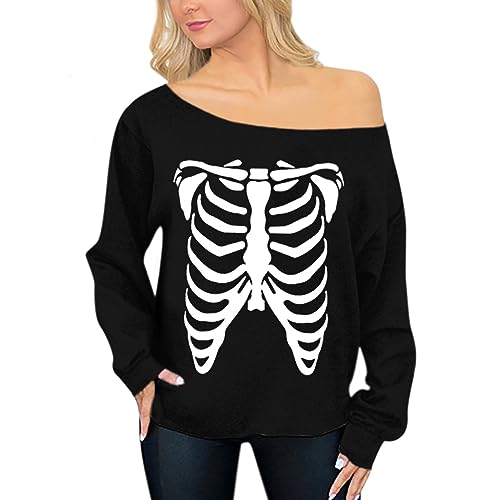 Womens Halloween Sweatshirt Lady Party Sexy Casual Tops Long Sleeve Funny Off Shoulder Wear Skeleton X-Large