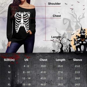 Womens Halloween Sweatshirt Lady Party Sexy Casual Tops Long Sleeve Funny Off Shoulder Wear Skeleton X-Large