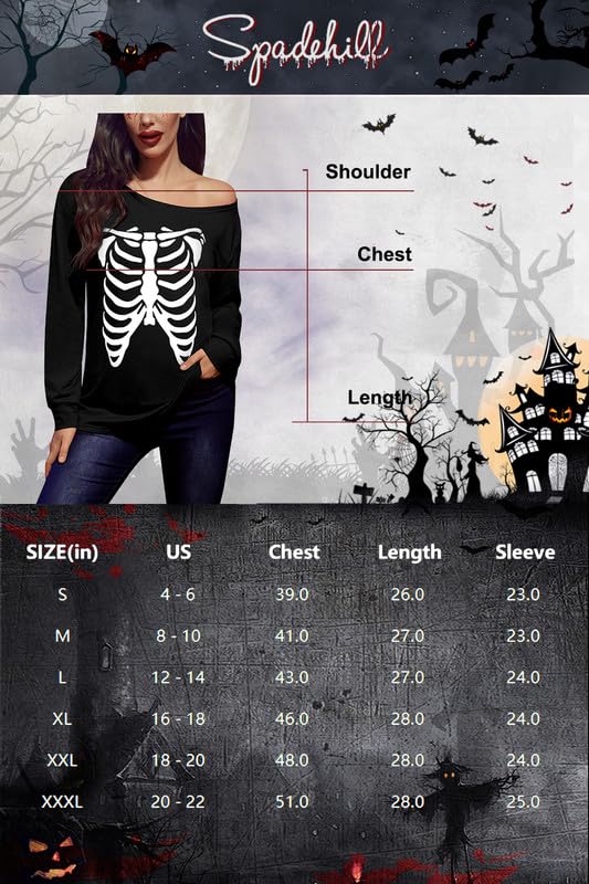 Womens Halloween Sweatshirt Lady Party Sexy Casual Tops Long Sleeve Funny Off Shoulder Wear Skeleton X-Large