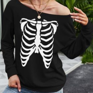 Womens Halloween Sweatshirt Lady Party Sexy Casual Tops Long Sleeve Funny Off Shoulder Wear Skeleton X-Large