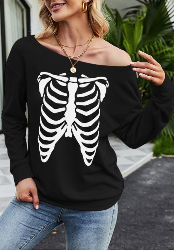 Womens Halloween Sweatshirt Lady Party Sexy Casual Tops Long Sleeve Funny Off Shoulder Wear Skeleton X-Large