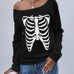 Womens Halloween Sweatshirt Lady Party Sexy Casual Tops Long Sleeve Funny Off Shoulder Wear Skeleton X-Large