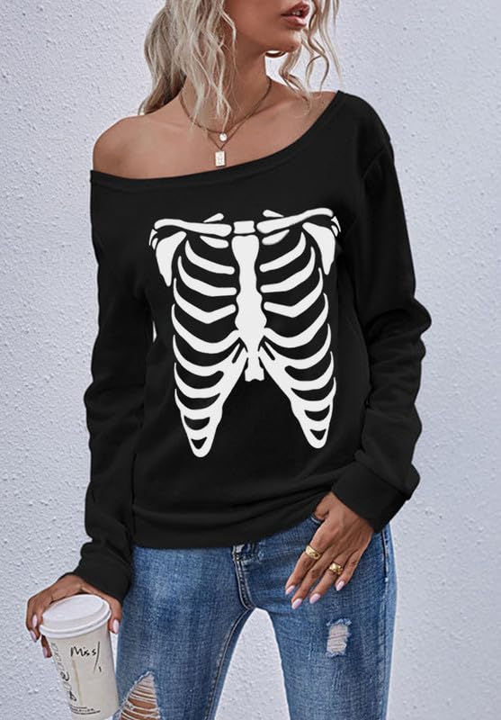 Womens Halloween Sweatshirt Lady Party Sexy Casual Tops Long Sleeve Funny Off Shoulder Wear Skeleton X-Large