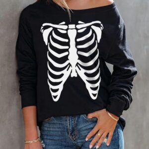 Womens Halloween Sweatshirt Lady Party Sexy Casual Tops Long Sleeve Funny Off Shoulder Wear Skeleton X-Large