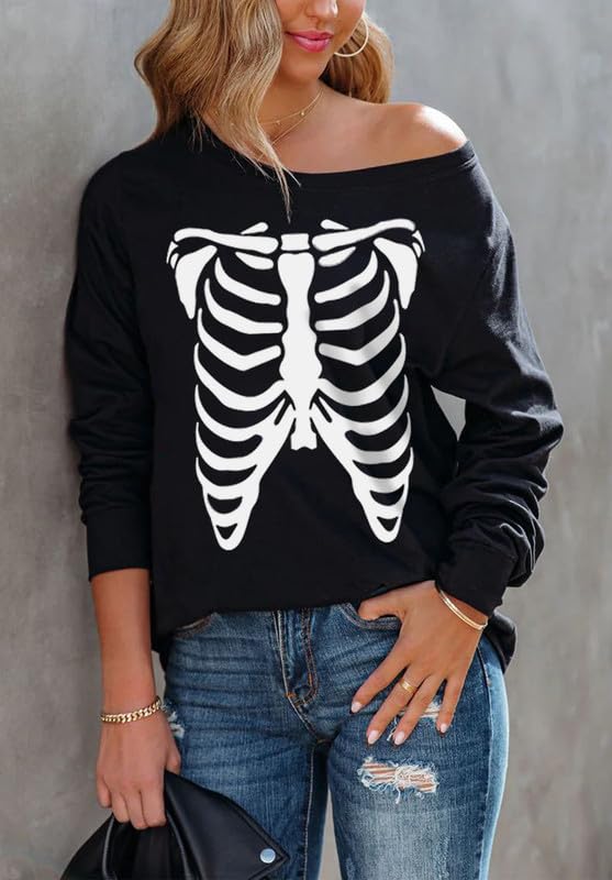 Womens Halloween Sweatshirt Lady Party Sexy Casual Tops Long Sleeve Funny Off Shoulder Wear Skeleton X-Large