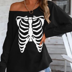 Womens Halloween Sweatshirt Lady Party Sexy Casual Tops Long Sleeve Funny Off Shoulder Wear Skeleton X-Large