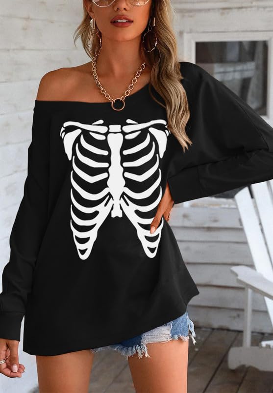 Womens Halloween Sweatshirt Lady Party Sexy Casual Tops Long Sleeve Funny Off Shoulder Wear Skeleton X-Large