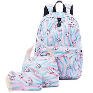 abshoo cute lightweight teens school bookbags unicorn girls backpacks with lunch bag (unicorn rainbow blue set)