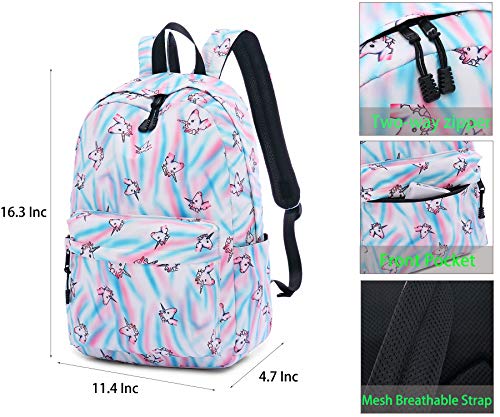 abshoo Cute Lightweight Teens School Bookbags Unicorn Girls Backpacks With Lunch Bag (Unicorn Rainbow Blue Set)