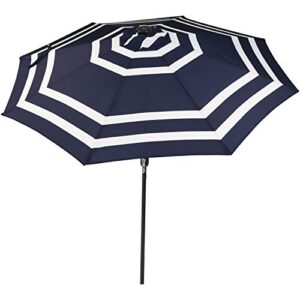 Sunnydaze 9 Foot Outdoor Patio Umbrella with Solar Lights & Tilt/Crank, LED, Navy Blue Stripe