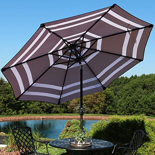 Sunnydaze 9 Foot Outdoor Patio Umbrella with Solar Lights & Tilt/Crank, LED, Navy Blue Stripe