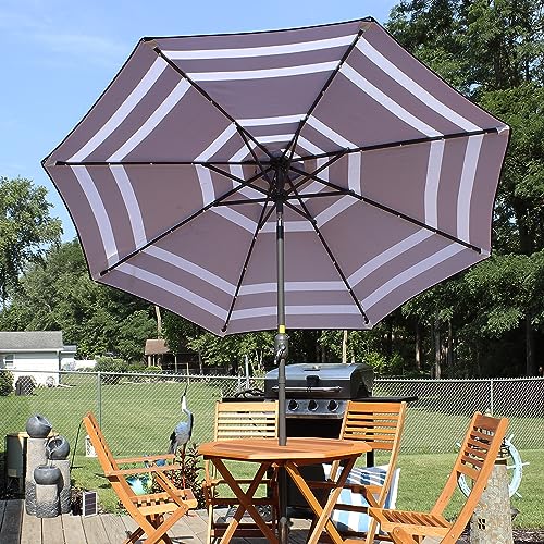 Sunnydaze 9 Foot Outdoor Patio Umbrella with Solar Lights & Tilt/Crank, LED, Navy Blue Stripe