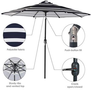 Sunnydaze 9 Foot Outdoor Patio Umbrella with Solar Lights & Tilt/Crank, LED, Navy Blue Stripe