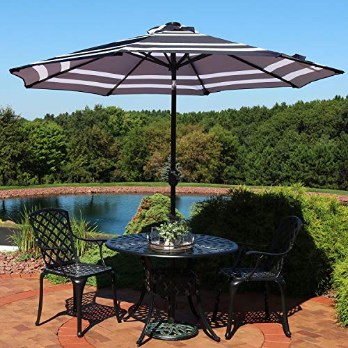 Sunnydaze 9 Foot Outdoor Patio Umbrella with Solar Lights & Tilt/Crank, LED, Navy Blue Stripe